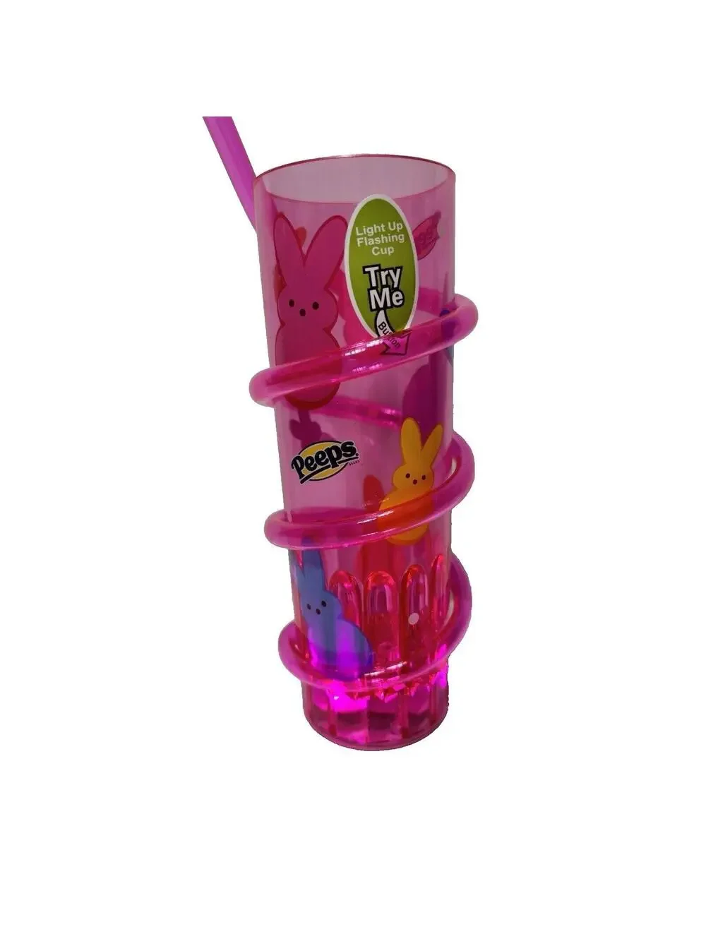 Kids Peeps Cup With Straw Light Up Activated Push Button Pink Colourful Bunnies